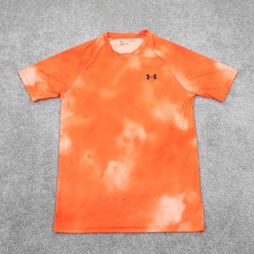 Under Armour Velocity Shirt Men Small Orange Tie Dye UA Loose Fit Athleisure S/S